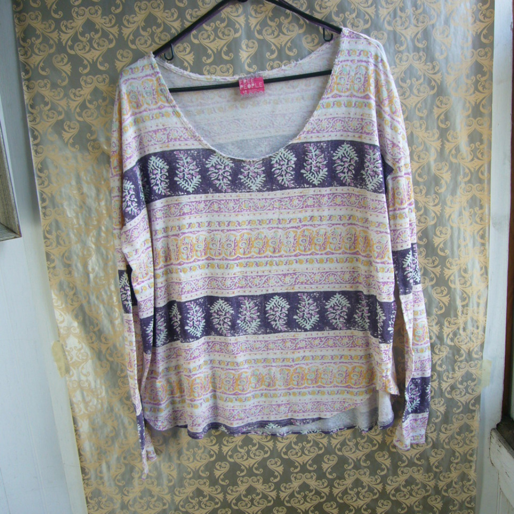 Free People Long Sleeve Floral Block Print T - Shirt - size L Casual Coastal